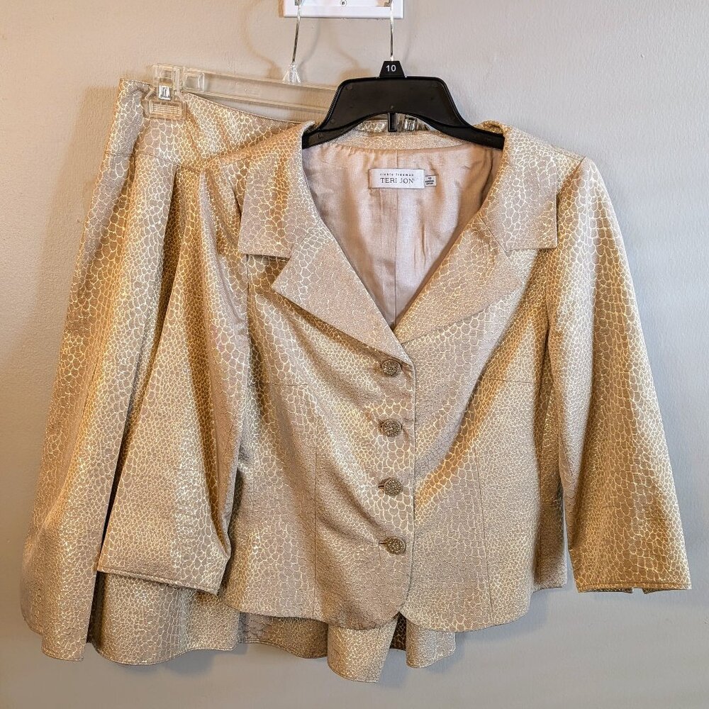 Rickie Freeman Teri Jon Metallic Beige 2-Piece Skirt Suit | Top 10 Skirt 12